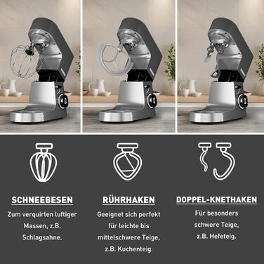 Кухонна машина Heinrichs 2500W з двома гаками для тіста, міксером та насадкою для збивання, 8 швидкостей, чаша 8л з нержавіючої сталі, тиха, з титановим покриттям