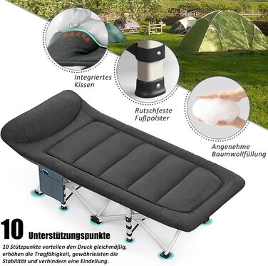 Розкладне кемпінгове ліжко CALIYO з матрацом, 200x80x40 см, витримує до 200 кг, сталевий каркас та тканина Оксфорд, чорне, з сумкою для зберігання