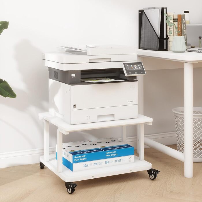 Стіл для принтера PUNCIA з 2 рівнями, мобільний, 60x50 см, білий. Підходить для принтера, сканера, копіювальника.