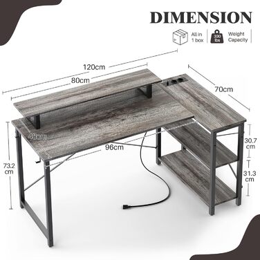 Кутовий ігровий стіл L-подібний з LED-підсвіткою та розетками, комп'ютерний стіл з полицями, обертовий, з підставкою для монітора, 120 x 70 см, дуб Грау Ейх