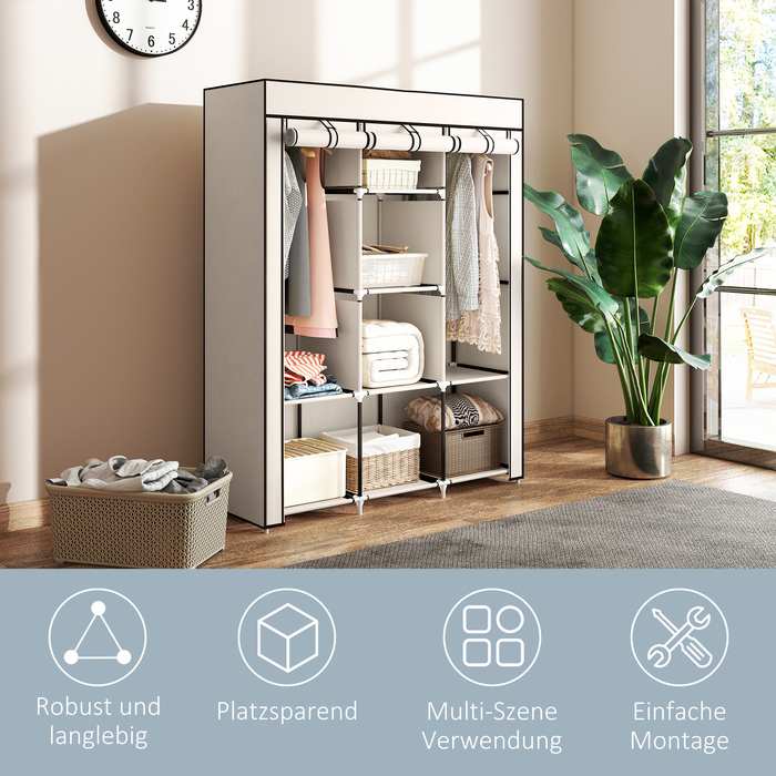 Шафа з тканини, органайзер для зберігання, 8 полиць, 2 штанги для одягу, кремово-білий