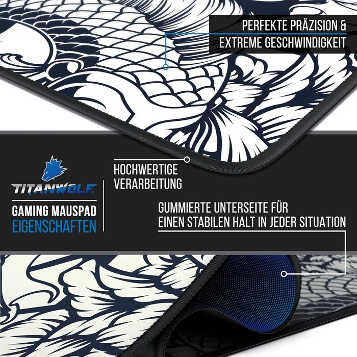 Килимок для миші Titanwolf XXXL 1500x800 мм - великий формат, гумовий, антиковзаючий, для геймінгу, з дизайном Koi Tattoo