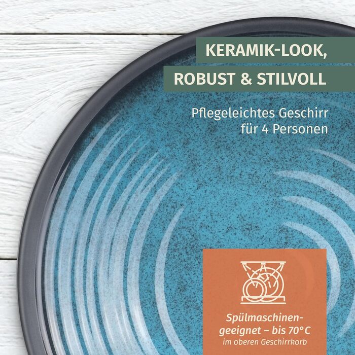 Набір посуду для кемпінгу з меламіну на 4 особи (12 предметів) | Stone Blue | Миється в посудомийній машині | Набір для пікніка