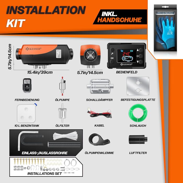 Дизельний опалювач KESSER® 12/24V з таймером, LCD-дисплеєм та пультом дистанційного керування | Швидкий нагрів | Опалювач з шумопоглиначем та термостатом (червоний, чорний/помаранчевий, 8kW)