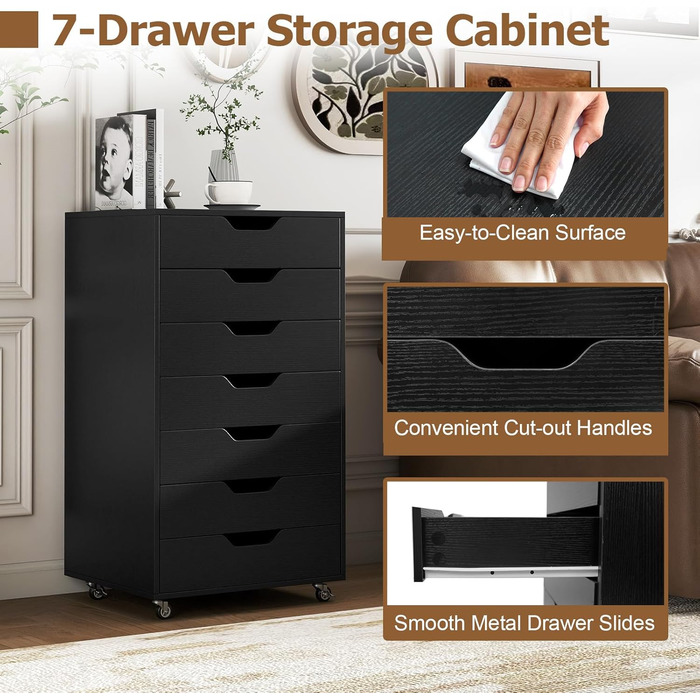 Роликовий контейнер GIANTEX з 5 висувними ящиками, офісний шафка для документів на колесах, тумба під стіл з дерева, стіл-принтер для дому та офісу (Білий, Чорний), 49 x 40 x 87 см
