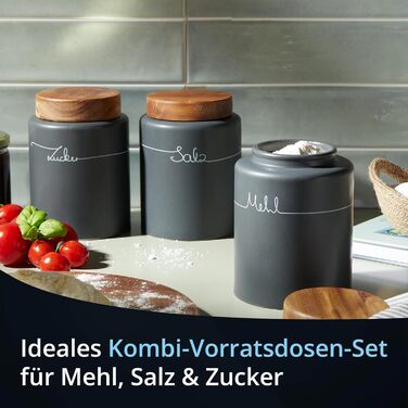 Набір контейнерів для картоплі, цибулі та часнику KHG, 3 шт., кераміка, бамбукові кришки, сірий антрацит, об'єм 3 л та 1,5 л (для борошна, солі, цукру)