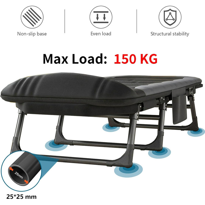 Розкладне кемпінгове ліжко-шезлонг XXL чорне, посилене польове ліжко з регульованою спинкою для відпочинку, рибалки та саду