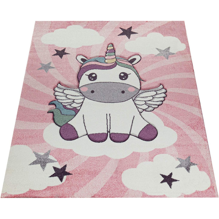 Дитячий килимок для дівчаток Play Килимок Милі хмари єдинорога в рожевому білому фіолетовому, розмір (140x200 см)