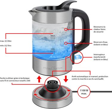 Чайник ProfiCook зі скла та нержавіючої сталі 0,5 л, LED, керування однією рукою, індикатор рівня води, 1100 Вт, PC-WKS 1228