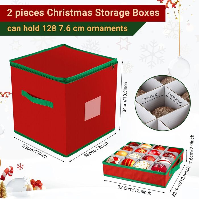 Коробка для прикрас на ялинку з 128 відділеннями, XL, з кришкою та додатковими кишенями, оксфордська тканина, червоно-зелена сітка