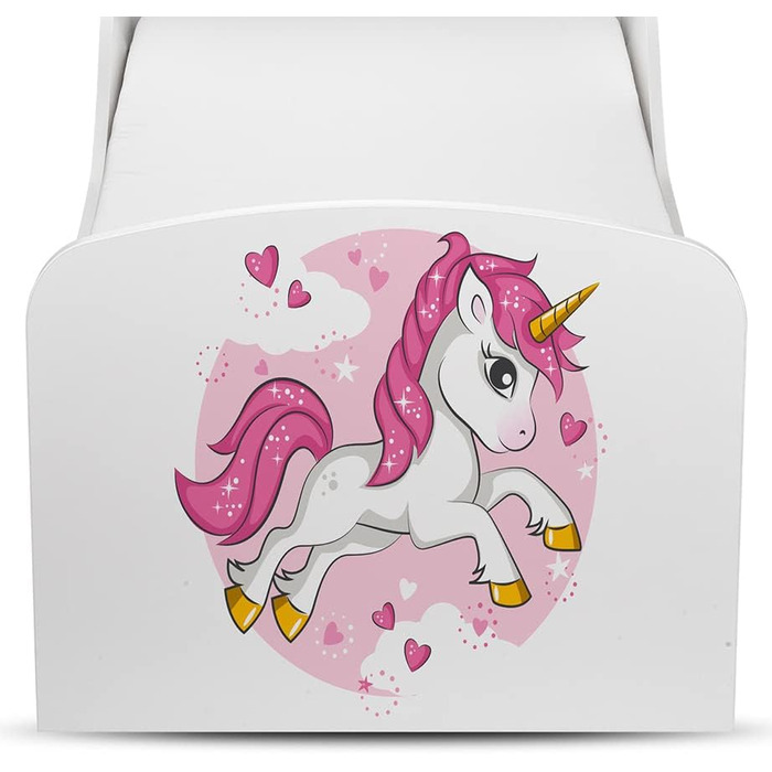Дерев'яне ліжко Leomark Lovely Unicorn для дітей з матрацом, бортиками та ламелями, 70/140 см, з УФ-друком