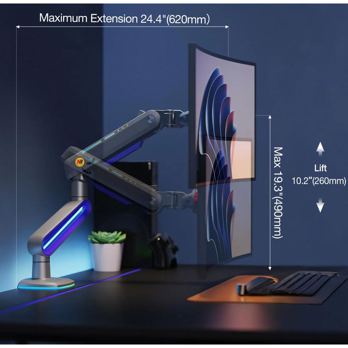 Кріплення для монітора NB Ergonomic RGB, сумісне з моніторами 32-60 дюймів, вантажопідйомність до 20 кг, VESA 75/100 мм (фіолетовий)