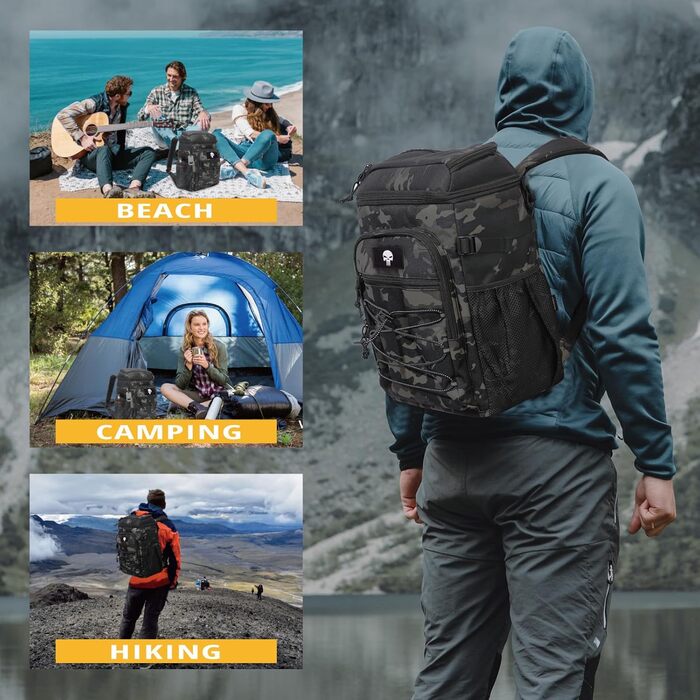 Тактичний рюкзак-холодильник 25L, витримує витоки, міцний, великий ланч-рюкзак, водонепроникний, для чоловіків, жінок, роботи, подорожей, кемпінгу, пляжу та піших прогулянок, чорний камуфляж