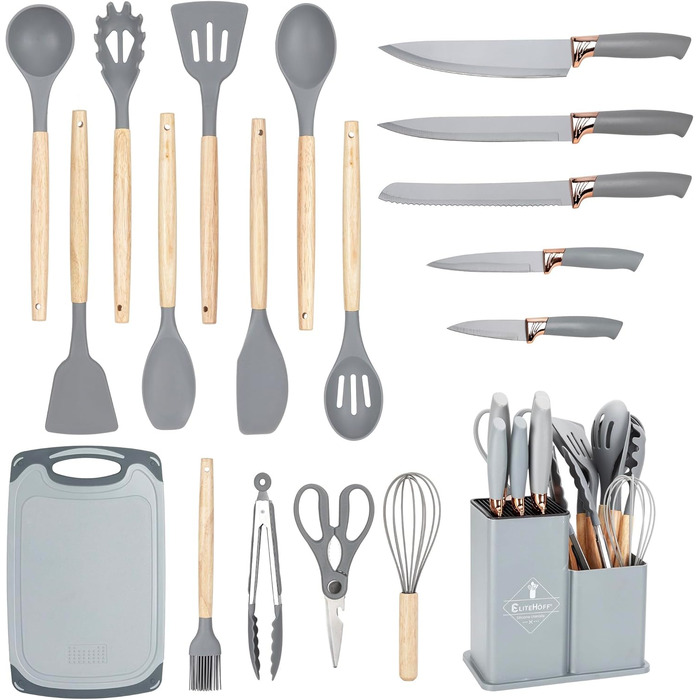 Набір кухонних ножів EliteHoff 19 предметів – набір кухонних аксесуарів з силікону з дерев'яними ручками, 5 ножів, 12 аксесуарів, дошка для нарізання та підставка – безпечний для харчових продуктів, придатний для миття в посудомийній машині, чорний (E-607