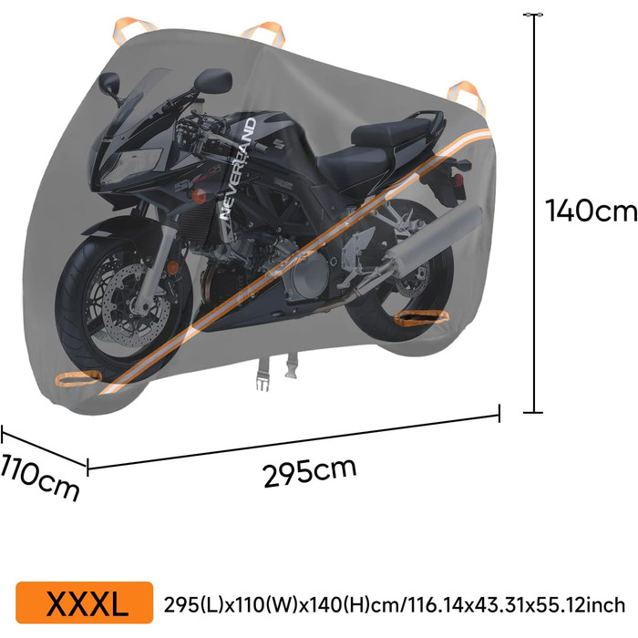 Брезент для мотоциклів NEVERLAND, водонепроникний, світловідбиваючий, XL 245x105x125 см (XXXL 295x110x140 см)