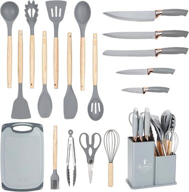 Набір кухонних ножів EliteHoff 19 предметів – набір кухонних аксесуарів з силікону з дерев'яними ручками, 5 ножів, 12 аксесуарів, дошка для нарізання та підставка – безпечний для харчових продуктів, придатний для миття в посудомийній машині, чорний (E-607