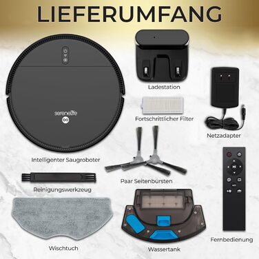 Робот-пилосос SereneLife 3-в-1 з функцією миття, керування через додаток, для тварин та килимів, 1000Pa, чорний
