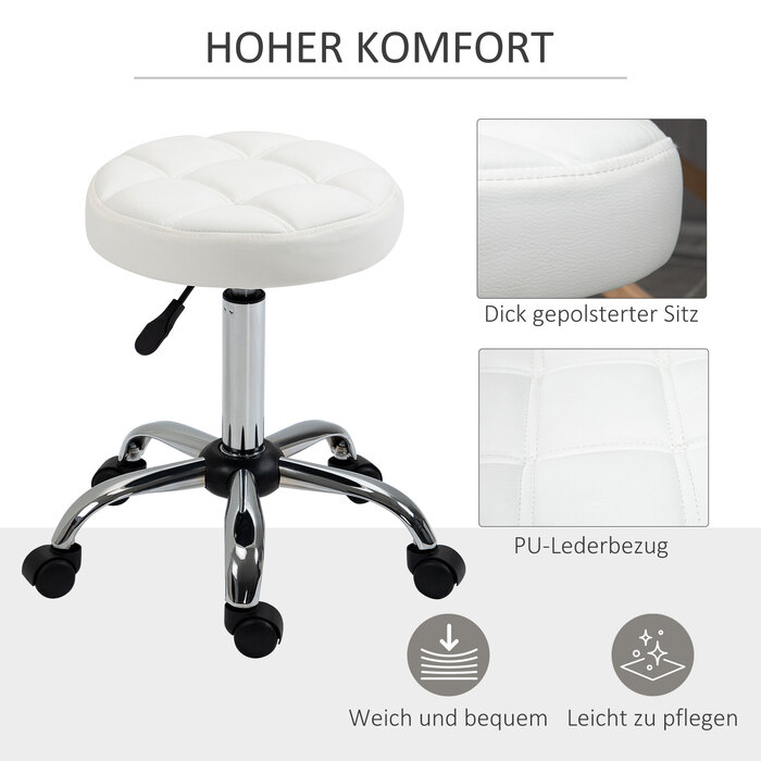 Vinsetto Rolling Stool Регульований по висоті поворотний робочий стілець для офісу та салону, штучна шкіра Білий Ø35,5 x 51-67 см