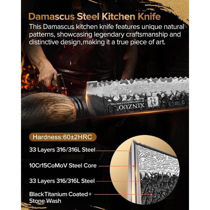 Ніж кухарський XINZUO Damaststahl серії Mo, 19.3 см - професійний, з лезом з дамаської сталі, кухонний ніж, мультифункціональний, з ергономічною ручкою з білого дуба