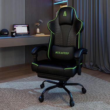 Ергономічне геймерське крісло з підніжкою, Racing-модель, регульована підголовник та поперекова підтримка, для дому та геймінгу, білий (зелений)