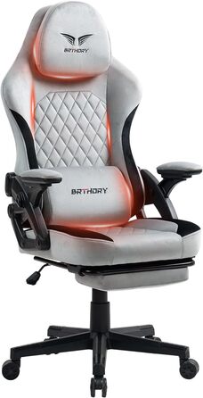 Ігровий крісло BRTHORY Ergonomic Racing з регульованою підголівником, підлокітниками та підніжкою, з тканиною, пружинним сидінням, функцією гойдання, 135°, сірий