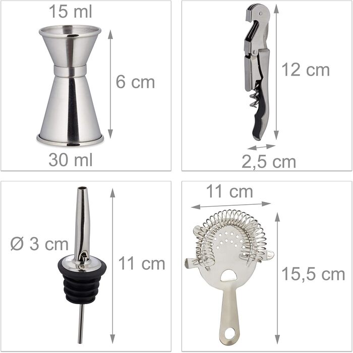 Професійний набір для коктейлів підставка, шейкер, барна міра, наливач, щипці для льоду, нержавіюча сталь, срібло/натуральне, 1