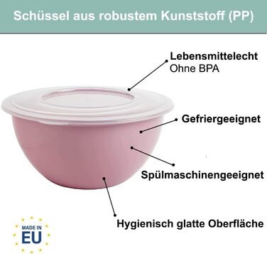 Миска з кришкою 5 л, салатниця з кришкою, миска для змішування, пластик (поліпропілен) без бісфенолу А, Колір Світло-сірий, пастельно-рожевий, пастельно-зелений, прозора кришка 5 л, Діаметр 28 см, виготовлена в ЄС, модель причал