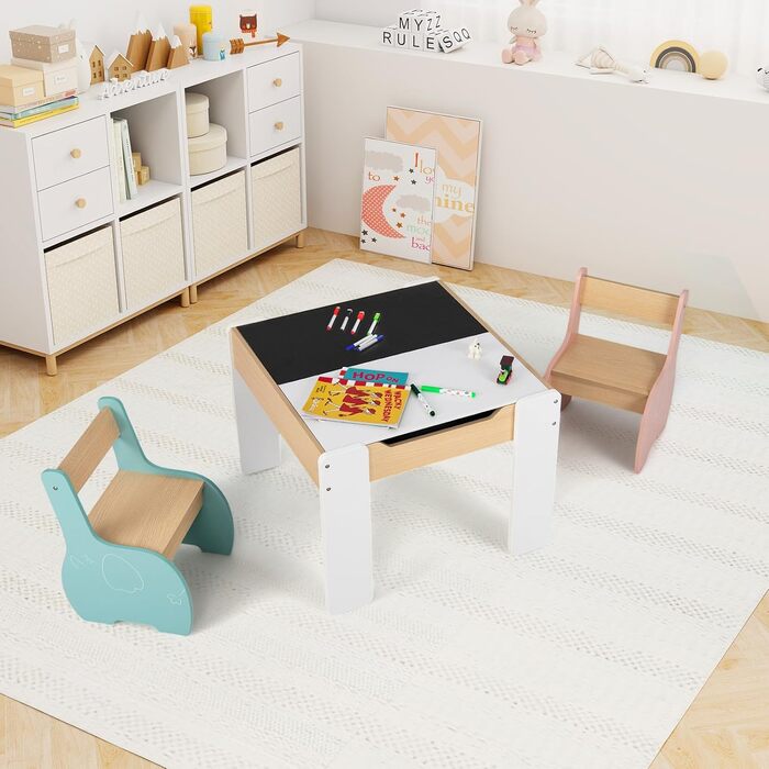Детский стол и 2 стула Dreamade из дерева, 3шт. Комплект детской мебели для мальчиков и девочек (белый, розово-голубой). Стол с двусторонней столешницей и местом для хранения.