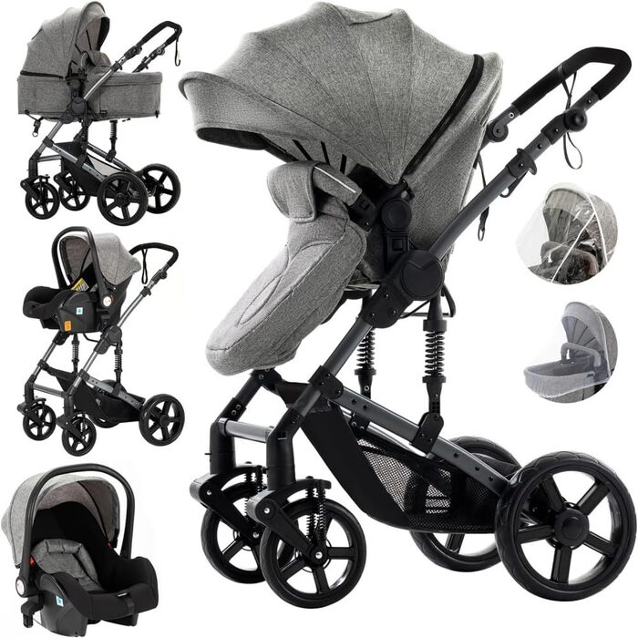 Дитяча коляска 3 в 1 з шасію-книгою та подвійною амортизацією, механізм складання одним кліком для новонароджених та малюків (Сірий)
