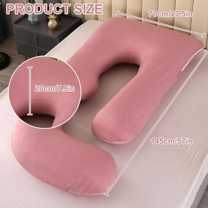 Подушка для вагітних GKXLH - J-подібна подушка для сну та підтримки спини, живота та стегон. Знімне покриття, прохолодне рожеве.
