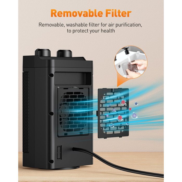 Електричний обігрівач з керамічним нагрівачем, 1500 Вт, 3 режими, осциляція 70°, захист від перекидання, тихий обігрівач для офісу, вітальні, спальні