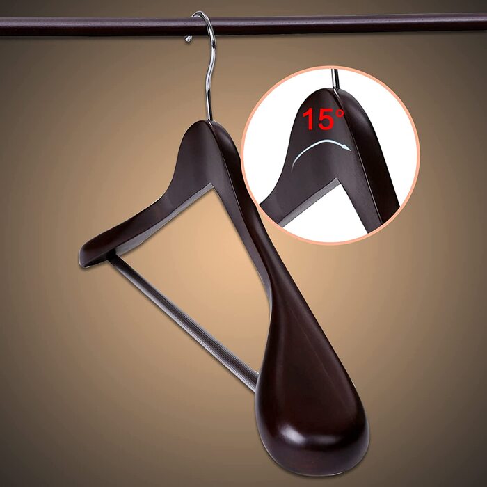 10 дерев'яних вішалок для костюмів з широкими плечима – протиковзні, 360° обертання, для сорочок, пальто, курток, штанів (волоський горіх, високоякісне дерево)