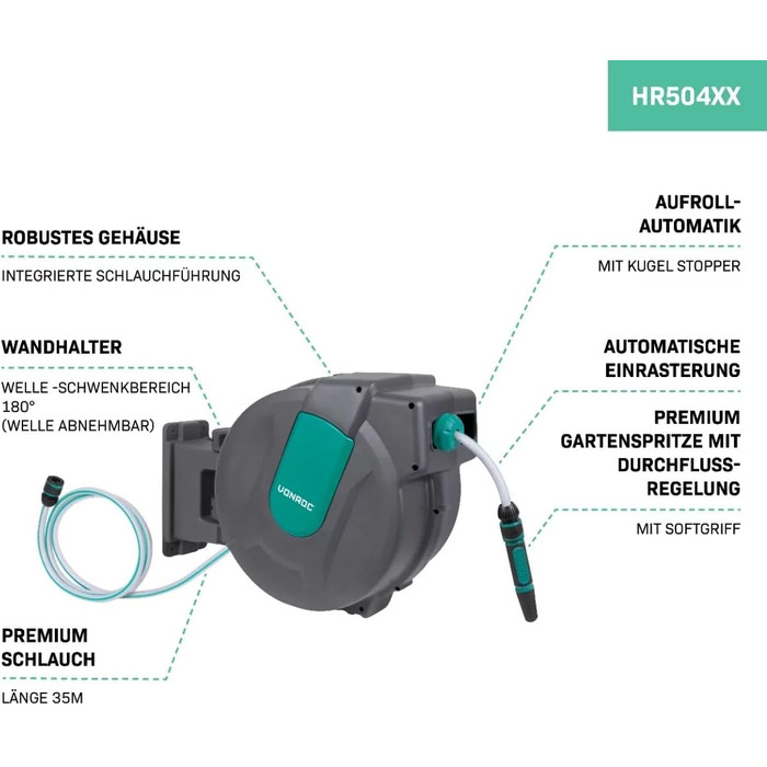 Шланг садовий VONROC 35 метрів з автоматичним згортанням та тримачем для стіни - Шланг на котушці, 180° поворот, зелений
