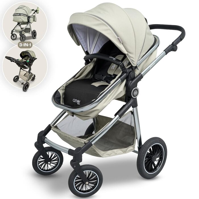 Дитяча коляска 3 в 1 з автокріслом та люлькою | Коляска для новонароджених з 5-точковим ременем безпеки | Кольори: світло-оливковий