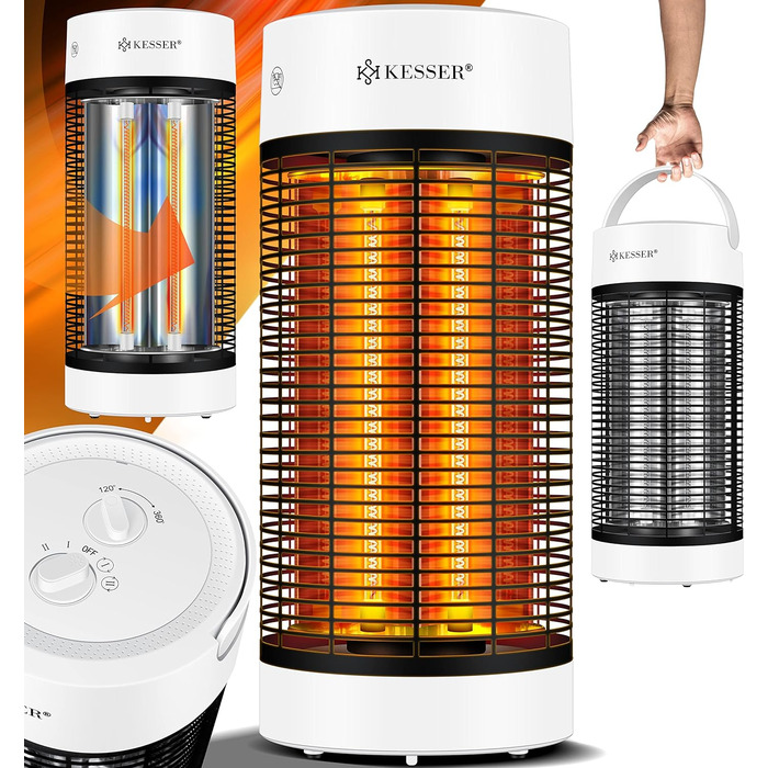 Інфрачервоний обігрівач KESSER Radiant Heater, Енергоефективний обігрівач 700 Вт Інтер'єр з коливанням на 360, Підлоговий блок, Електричний обігрівач IP55, Обігрівач для патіо (1200 Вт, білий)