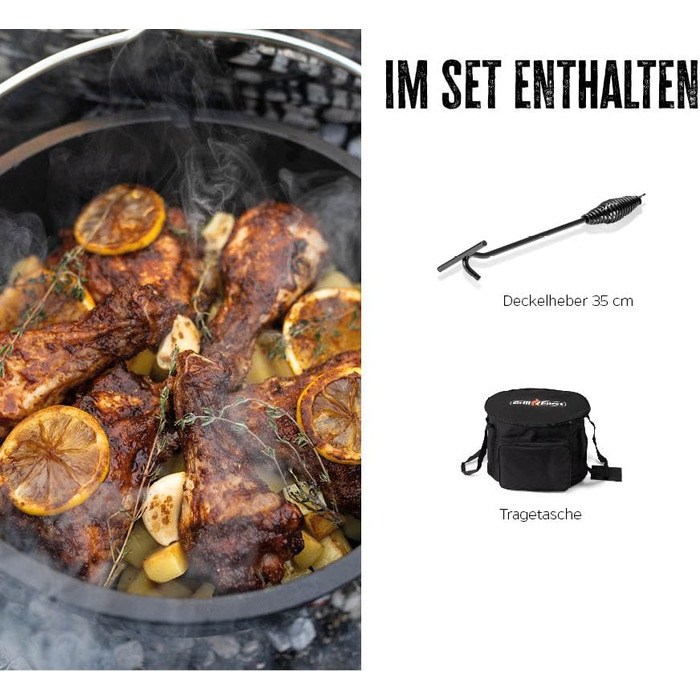 Набір голландської печі Grillfürst Dutch Oven BBQ Edition DO 9: чавунний котелок 8,5 л з підставкою, підняття кришки та сумка для зберігання
