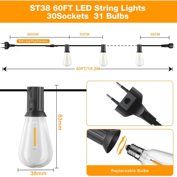 Ланцюжок вогнів GLUROO для вулиці, диммування, 45.7м, вологостійкий, з пульт, 75+2 G40, LED, для саду