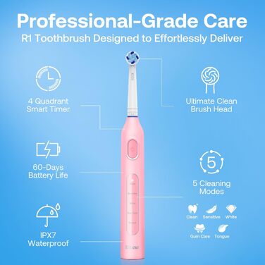 Електрична зубна щітка Bitvae з 8 насадок для дорослих та дітей, кейс для подорожей, 5 режимів, таймер 2 хвилини, 60 днів роботи, (Червона R1H3, Рожева)