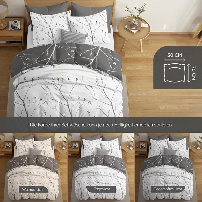 Комплект постільної білизни Dreamzie 200x200 см з 2 наволочками 80x80 см, сірий малюнок гілок - постільна білизна для дорослих 200x200 з 100% мікрофібри, сертифікат Oeko TEX без хімікатів