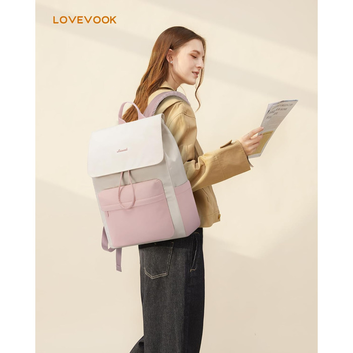 LOVEVOOK Рюкзак для жінок, легкий шкільний рюкзак для підлітків з відділенням для ноутбука 15.6 дюймів, жіночий рюкзак для навчання, подорожей, роботи (M-15.6 дюймів, Рожевий + Бежевий)