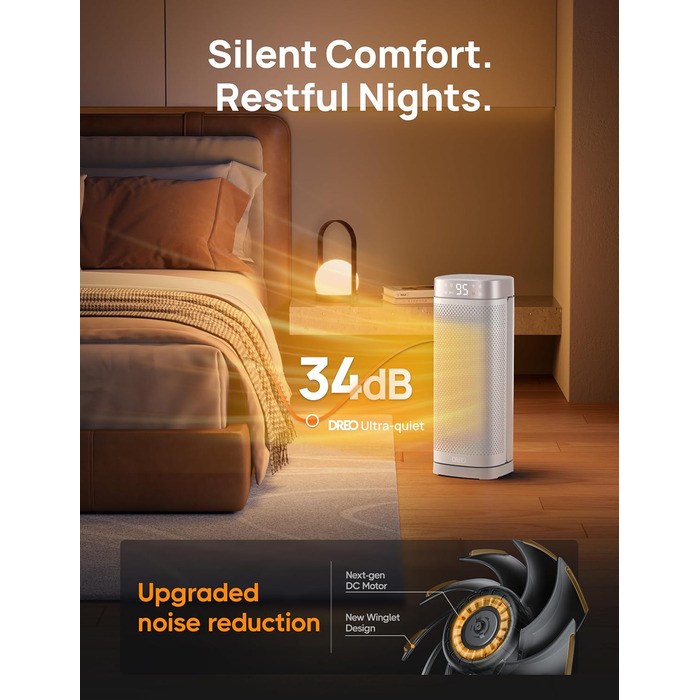 Електричний обігрівач Dreo 16 дюймів з термостатом, 70° обертання, дистанційне керування, захист від перекидання та перегріву, тихий керамічний вентилятор для дому