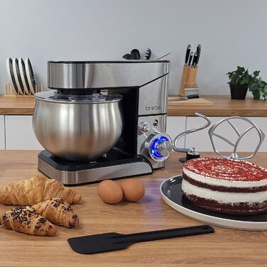 Професійна кухонна машина для замішування тіста Briebe KM1114, 1800W, 5л, 6 швидкостей, збірна чаша, міксер, гак для тіста, венчик