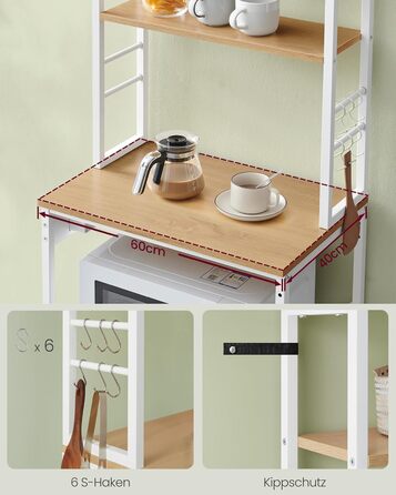 Стелаж кухонний VASAGLE з розетками, 6 полиць, гачки, сталевий каркас, 40 x 80 x 167 см, вінтажний колір