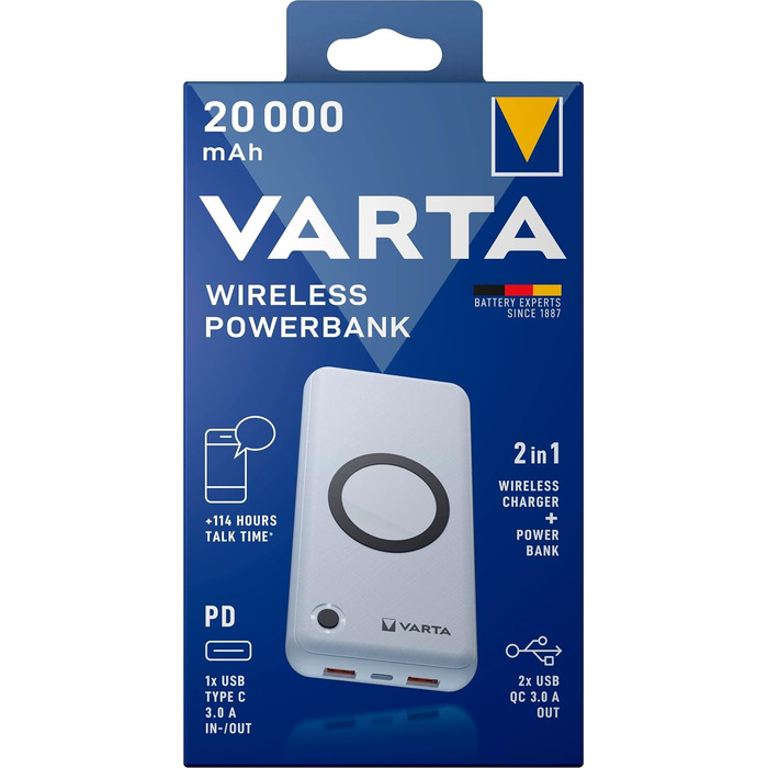 Та бездротовий зарядний пристрій VARTA 2in1, 20000mAh, LED дисплей, заряджає 4 пристрої, в т.ч. кабель USB-C, білий