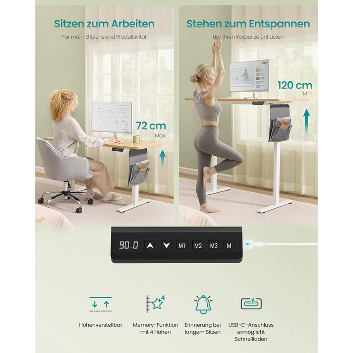 SONGMICS Стол письменний з регулюванням висоти, електричний, з пам'яттю 4 положень, vintage brown-matte black, LSD026X01