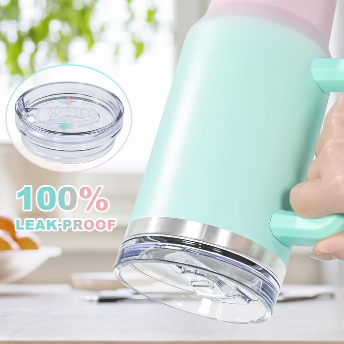 Термокружка FECBK з трубочкою та ручкою 1,2L, 100% захист від протікання, нержавіюча сталь, вакуумна ізоляція, тримає 12 годин гарячим / 34 години холодним, Gepard (Bubble Gum)