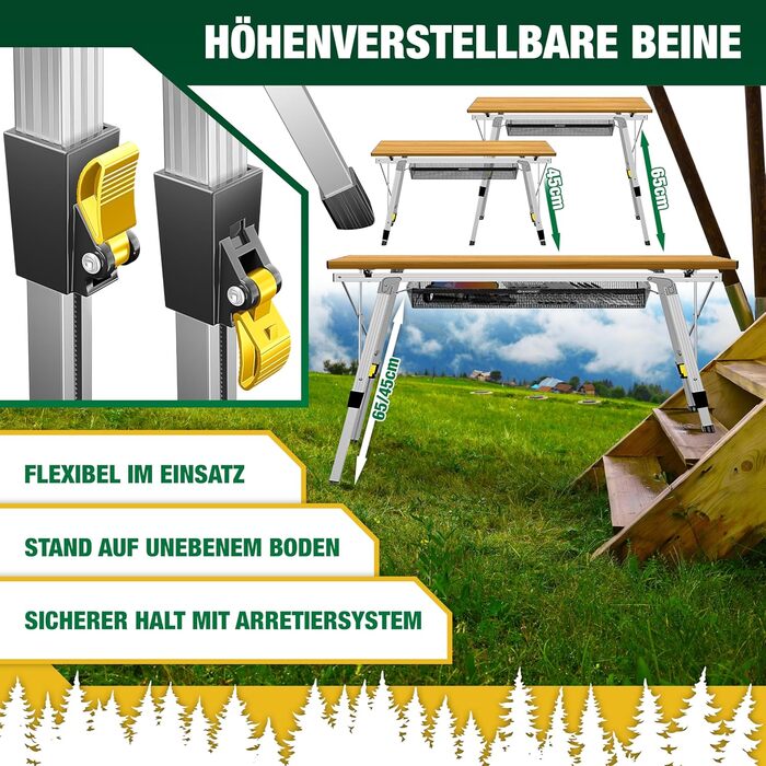 Зручний складаний столик KESSER® для кемпінгу з алюмінієвим каркасом та регулюванням висоти, 90x53 см, до 100 кг, з сумкою та сітчастою кишенею, з імітацією дерева