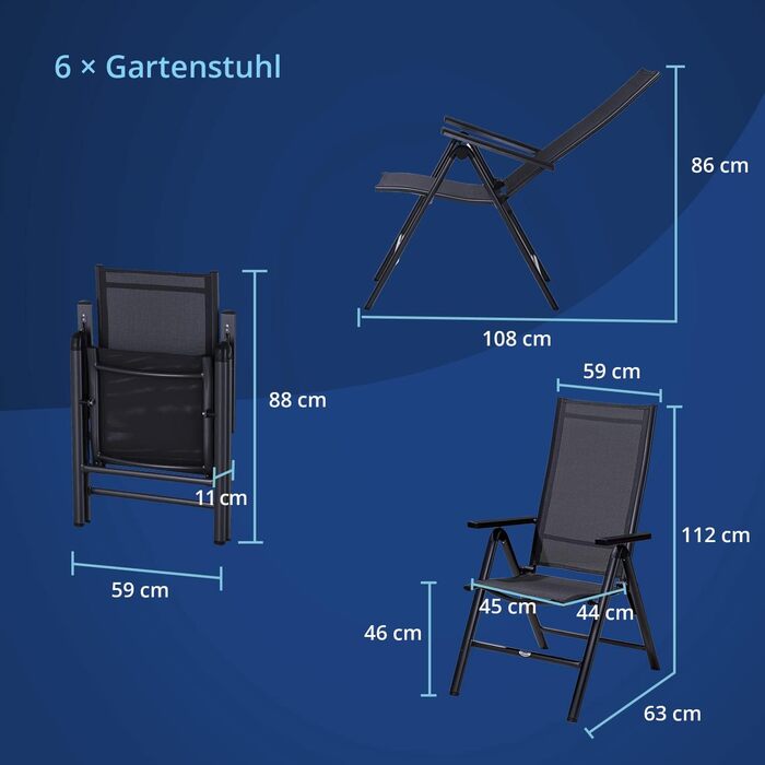 Садовий стілець KHG Складаний стілець Alu з високою спинкою, регульована спинка в 8 напрямках з підлокітником, антрацитово-сірий атмосферостійкий до іржі, 120 кг з можливістю завантаження, балконний стілець, попередньо зібраний, пластикова тканина (6 шт. 