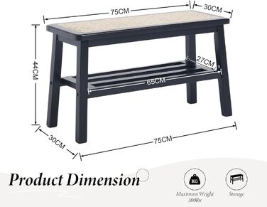 Лавка для взуття Wahson з ротанга, 2 яруси, сільський стиль, 30x75x44 см, чорна