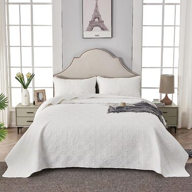 Покривало Qucover покривало для ліжка 240x260 см біле, покривала з мікрофібри, покривало для ліжка Комплект з 2 наволочок 50x75 см, стьобана ковдра, зшита 3D-ультразвуком, покривало для дивана покривало для ліжка покривало для ліжка 240x260 білого кольору